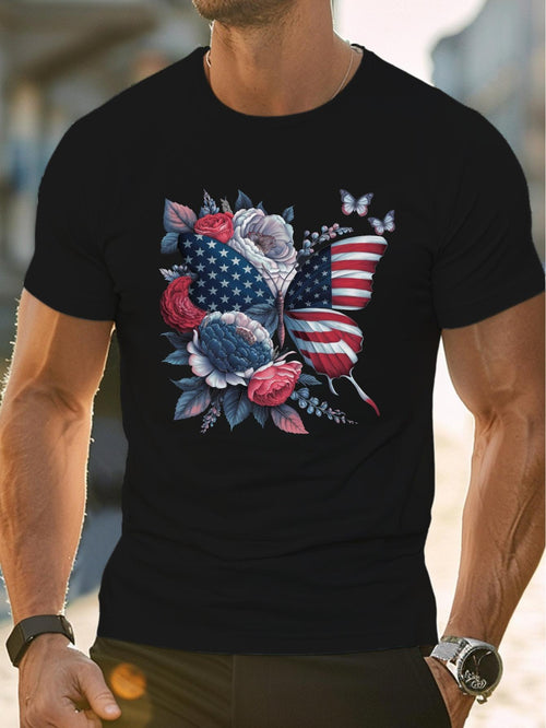 Men's Graphic T-Shirt Patriotic Butterfly With Roses And Vintage American Flag Flowers
