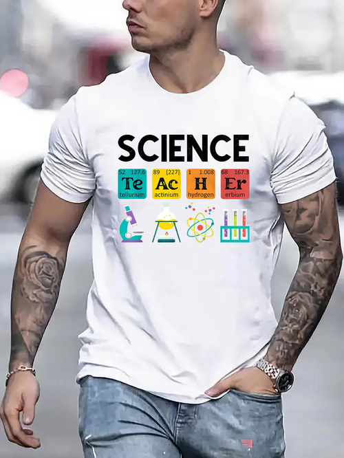 Men's Graphic T-Shirt Science Teacher Colorful Periodic Table Letters With Lab Tools Books And Beakers