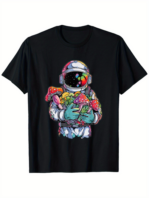 Men's Graphic T-Shirt Colorful Fungi Surreal Night Among Stars Holding Lively Mushrooms Astronaut