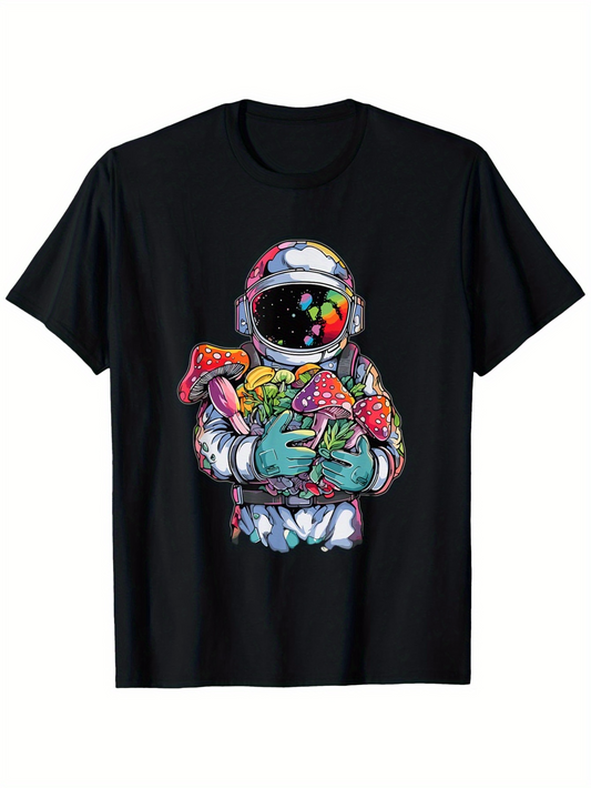 Men's Graphic T-Shirt Colorful Fungi Surreal Night Among Stars Holding Lively Mushrooms Astronaut