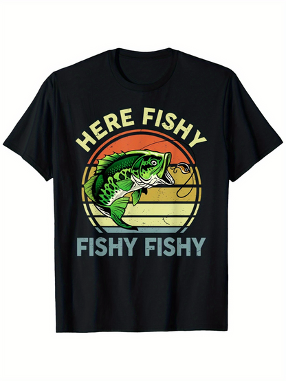 Men's Graphic T-Shirt Here Fishy Fishy Fishy Retro Sunset Waves And Jumping Green Bass Fish