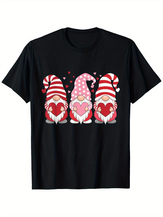 Men's Graphic T-Shirt Valentines Day Gnomes With Hearts Dots Stripes And Long Hats Gnome