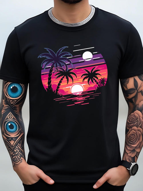 Men's Graphic T-Shirt Vivid Sunset Reflections With Silhouetted Palm Trees And Calm Ocean