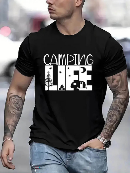 Men's Graphic T-Shirt Camping Life With Pine Trees Stars Tent And Camper Van