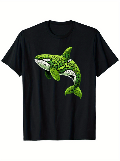 Men's Graphic T-Shirt Lush Green Botanical Textures Covering A Graceful Leaping Whale