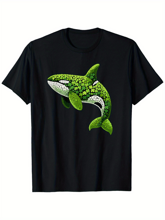 Men's Graphic T-Shirt Lush Green Botanical Textures Covering A Graceful Leaping Whale