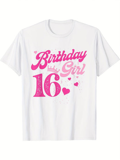 Women's Graphic T-Shirt Birthday Girl Pink Crowns Sparkling Hearts Glitter Accents Birthday Number Sixteen Shirt