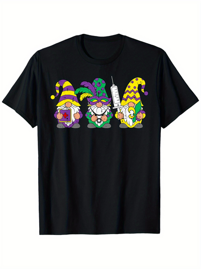 Men's Graphic T-Shirt Colorful Carnival Party Gnomes With Playful Hats And Masks