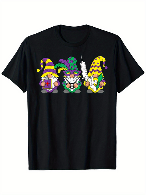 Men's Graphic T-Shirt Colorful Carnival Party Gnomes With Playful Hats And Masks