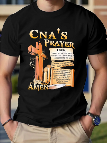 Men's Graphic T-Shirt CNAs Prayer Wooden Cross Beside Bible And Scroll Surrounded By Warm Light