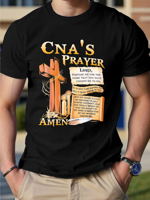 Men's Graphic T-Shirt CNAs Prayer Wooden Cross Beside Bible And Scroll Surrounded By Warm Light