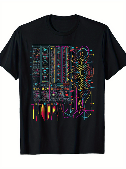 Men's Graphic T-Shirt Colorful Music Synthesizer Circuit Lines With Abstract Electric Pattern
