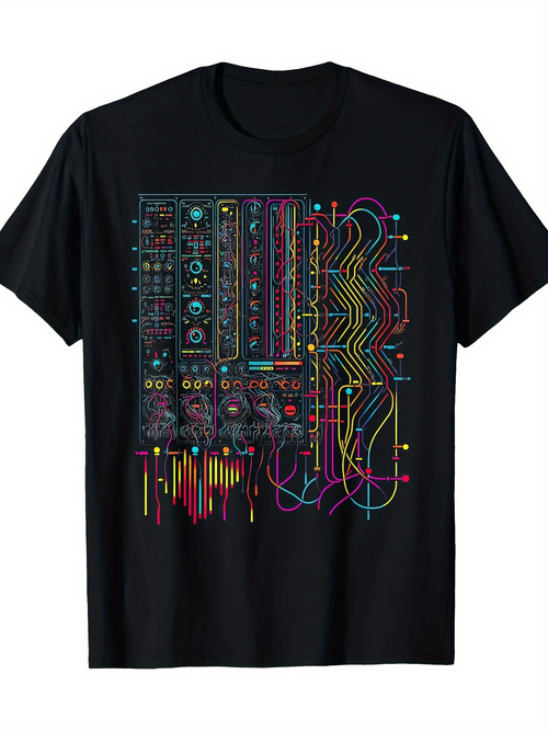 Men's Graphic T-Shirt Colorful Music Synthesizer Circuit Lines With Abstract Electric Pattern
