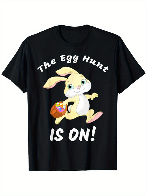 Men's Graphic T-Shirt The Egg Hunt Is On Playful Easter Bunny With A Basket Of Decorated Colorful Eggs