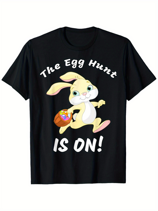 Men's Graphic T-Shirt The Egg Hunt Is On Playful Easter Bunny With A Basket Of Decorated Colorful Eggs