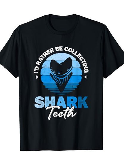 Men's Graphic T-Shirt Id Rather Be Collecting Blue Gradient Sunset With Shark Silhouette Teeth