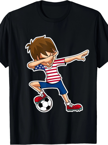 Men's Graphic T-Shirt Cartoon Boy Dabbing With Striped Shirt And Soccer Ball