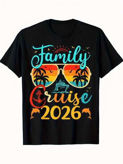 Men's Graphic T-Shirt Family Cruise 2026 Sunset Palms Ocean With Dolphins Sunglasses