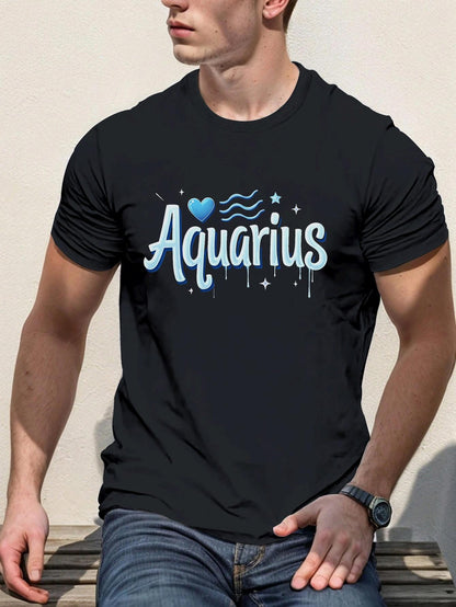 Men's Graphic T-Shirt Aquarius Blue Wavy Star Dotted Lettering Design With Heart And Zodiac Decoration Aquarius