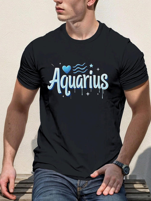 Men's Graphic T-Shirt Aquarius Blue Wavy Star Dotted Lettering Design With Heart And Zodiac Decoration Aquarius