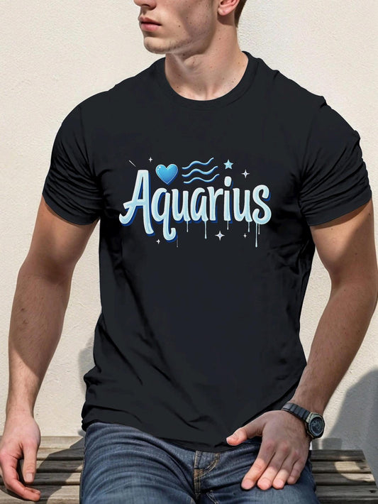 Men's Graphic T-Shirt Aquarius Blue Wavy Star Dotted Lettering Design With Heart And Zodiac Decoration Aquarius