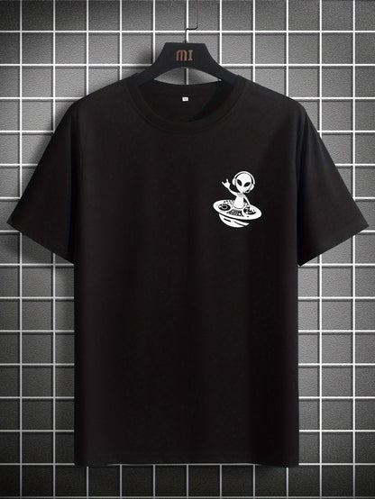 Men's Graphic T-Shirt Playful Alien With Peace Gesture Riding Flying Saucer Alien