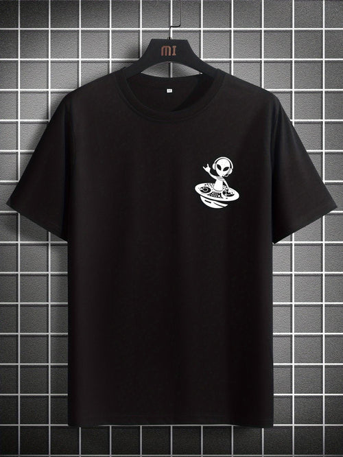 Men's Graphic T-Shirt Playful Alien With Peace Gesture Riding Flying Saucer Alien
