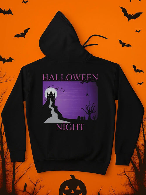 Men's Graphic Hoodie Halloween Night Haunted Castle With Full Moon And Bare Trees Night