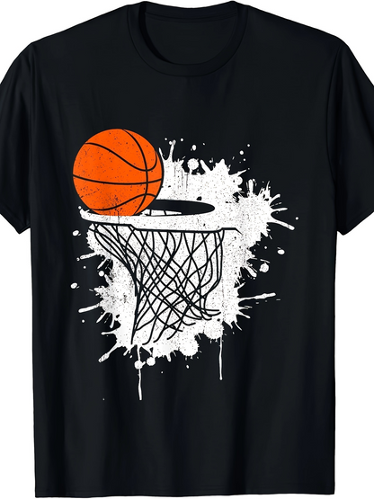 Men's Graphic T-Shirt Splattered Artistic Graffiti With Basketball And Dynamic Motion Hoop
