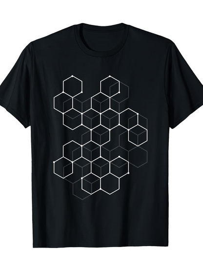 Men's Graphic T-Shirt White Geometric Overlay With Interlocking Hexagonal Shapes Pattern
