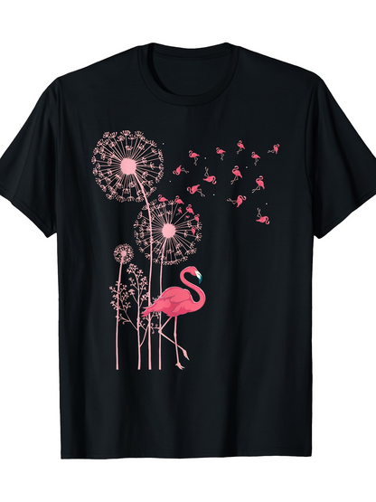 Men's Graphic T-Shirt Pink Dandelion Flowers With Flying Birds And Elegant Flamingo