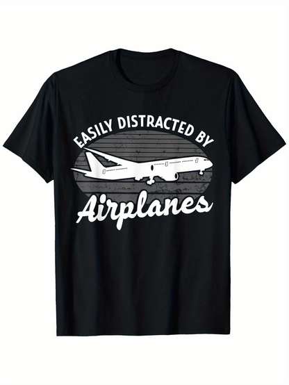 Men's Graphic T-Shirt Easily Distracted By Airplanes Distressed Retro Lines With White Passenger Jet Airplane