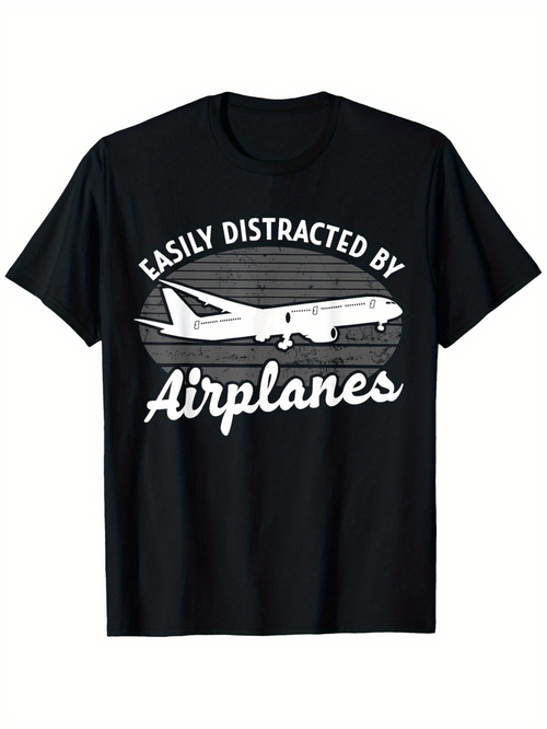 Men's Graphic T-Shirt Easily Distracted By Airplanes Distressed Retro Lines With White Passenger Jet Airplane