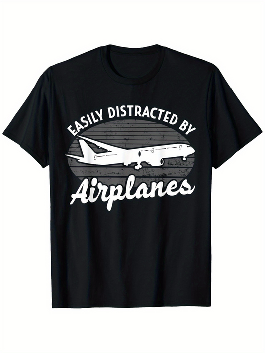 Men's Graphic T-Shirt Easily Distracted By Airplanes Distressed Retro Lines With White Passenger Jet Airplane