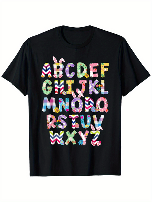 Men's Graphic T-Shirt Colorful Candy Patterned Alphabet Letters On Black T Shirt