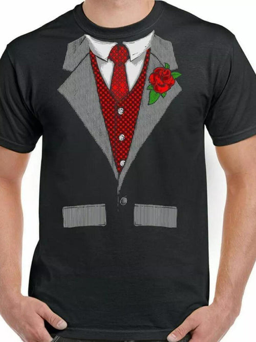 Men's Graphic T-Shirt Elegant Rose With Classic Suit Pattern And Red Tie On Tuxedo