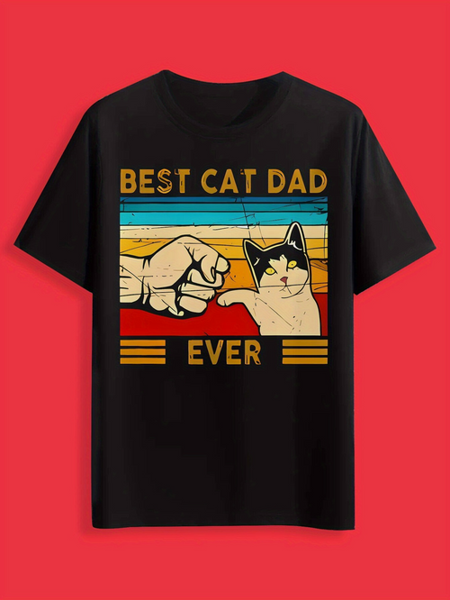 Men's Graphic T-Shirt Best Cat Dad Ever Fist Bump With Retro Sunset Cat