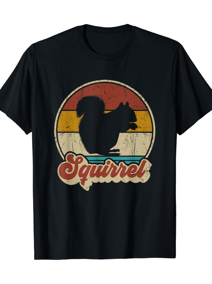 Men's Graphic T-Shirt Retro Sunset Stripes With Large Playful Animal Squirrel Silhouette Squirrel