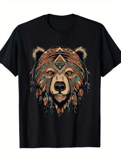 Men's Graphic T-Shirt Bohemian Style Geometric Feathers With Ethnic Pattern Adorning Majestic Fur Bear