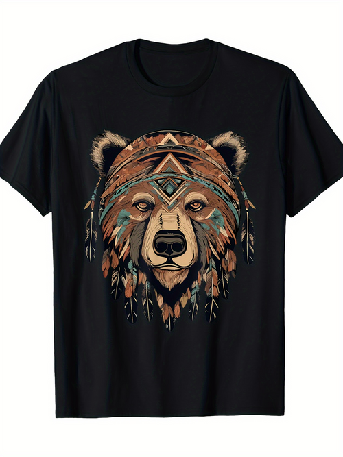 Men's Graphic T-Shirt Bohemian Style Geometric Feathers With Ethnic Pattern Adorning Majestic Fur Bear