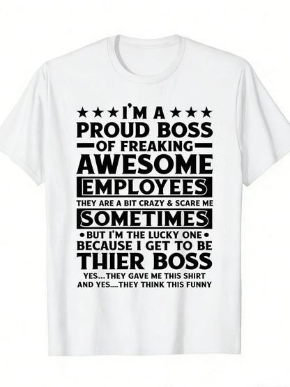 Men's Graphic T-Shirt Proud Boss Statement Surrounded By Stars With Bold Text White Shirt