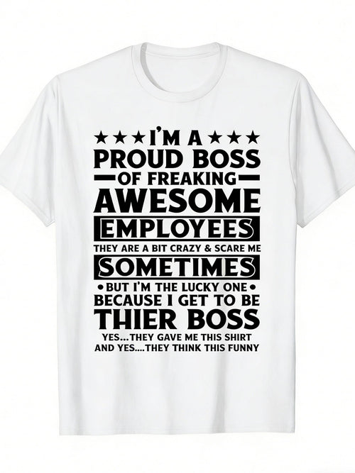 Men's Graphic T-Shirt Proud Boss Statement Surrounded By Stars With Bold Text White Shirt