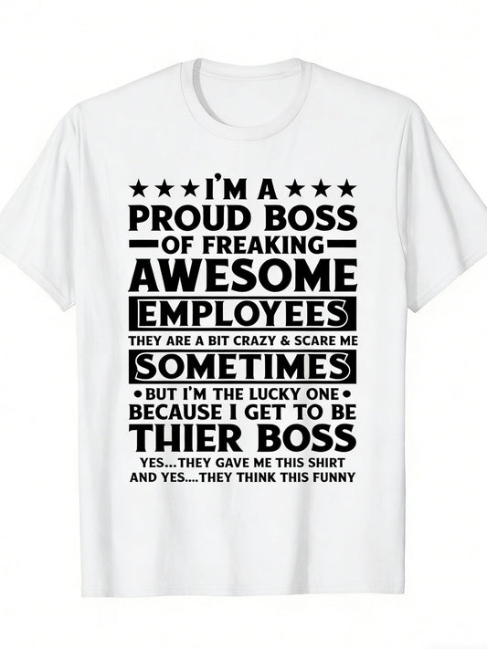 Men's Graphic T-Shirt Proud Boss Statement Surrounded By Stars With Bold Text White Shirt
