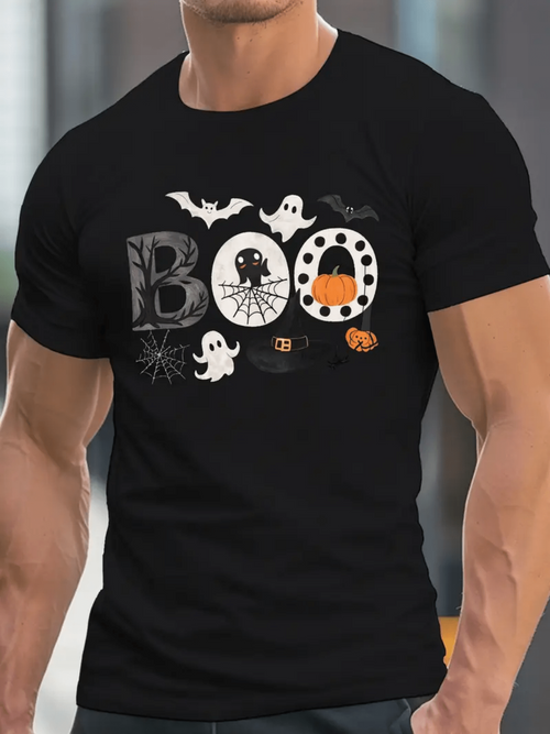 Men's Graphic T-Shirt Boo Spooky Ghosts With Webs And Halloween Pumpkins