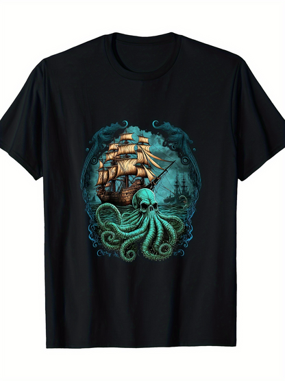 Men's Graphic T-Shirt Sailing Ship Among Deep Sea Waves With Lurking Giant Octopus
