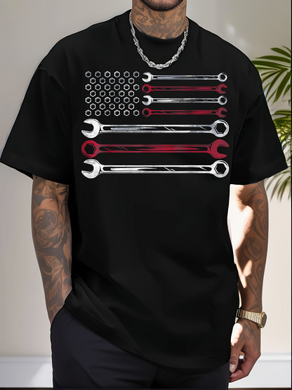 Men's Graphic T-Shirt Industrial Flags With Bold Metal Wrenches Under Striped Pattern Flag