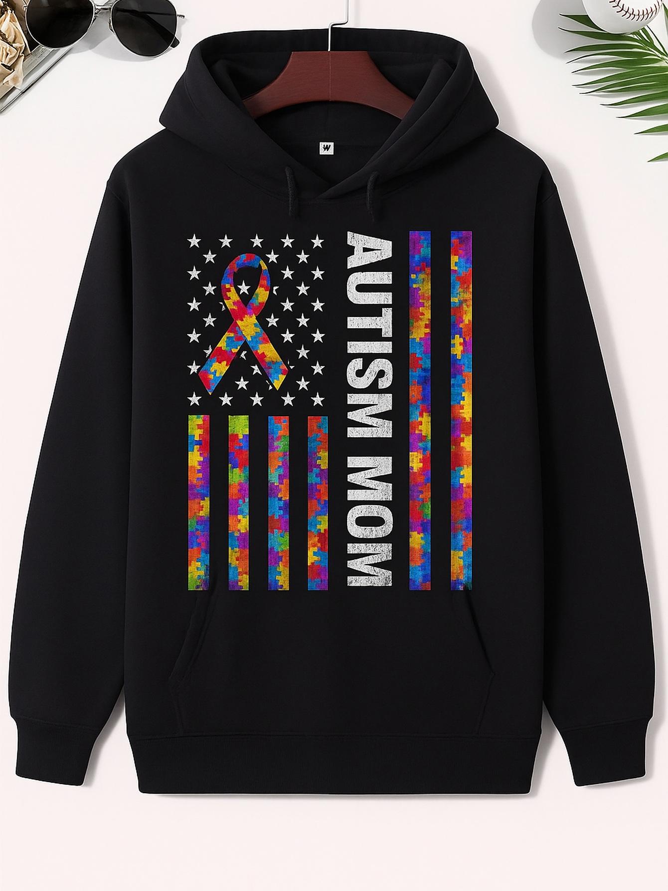 Men's Graphic Hoodie Autism Mom Vibrant Puzzle Piece Patterned American Flag Hoodie
