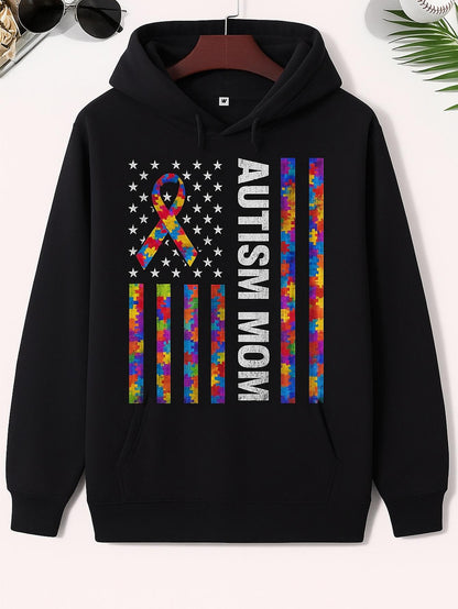 Men's Graphic Hoodie Autism Mom Vibrant Puzzle Piece Patterned American Flag Hoodie