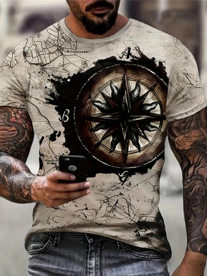 Men's Graphic T-Shirt Weathered Map With Intricate Wind Rose And Compass Star