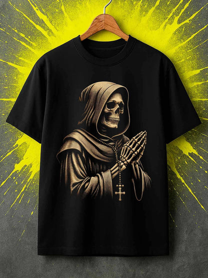 Men's Graphic T-Shirt Hooded Skeleton Praying In Monks Robe With Rosary Pendant